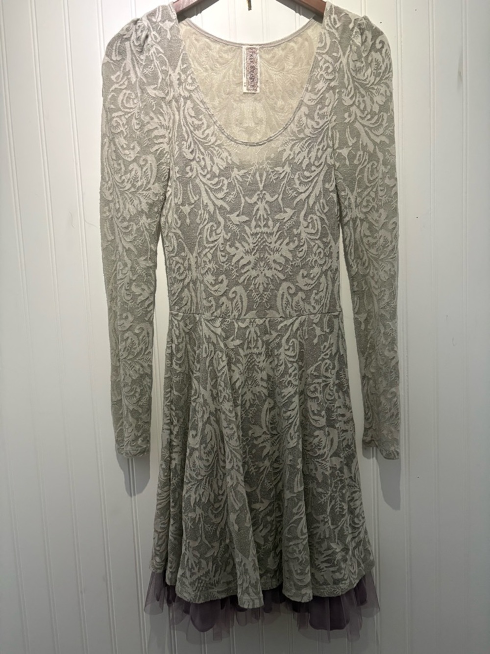 FREE PEOPLE Cream Lace Long Sleeve Skater Dress with Dusty Lavender Tulle size M - Picture 2 of 10